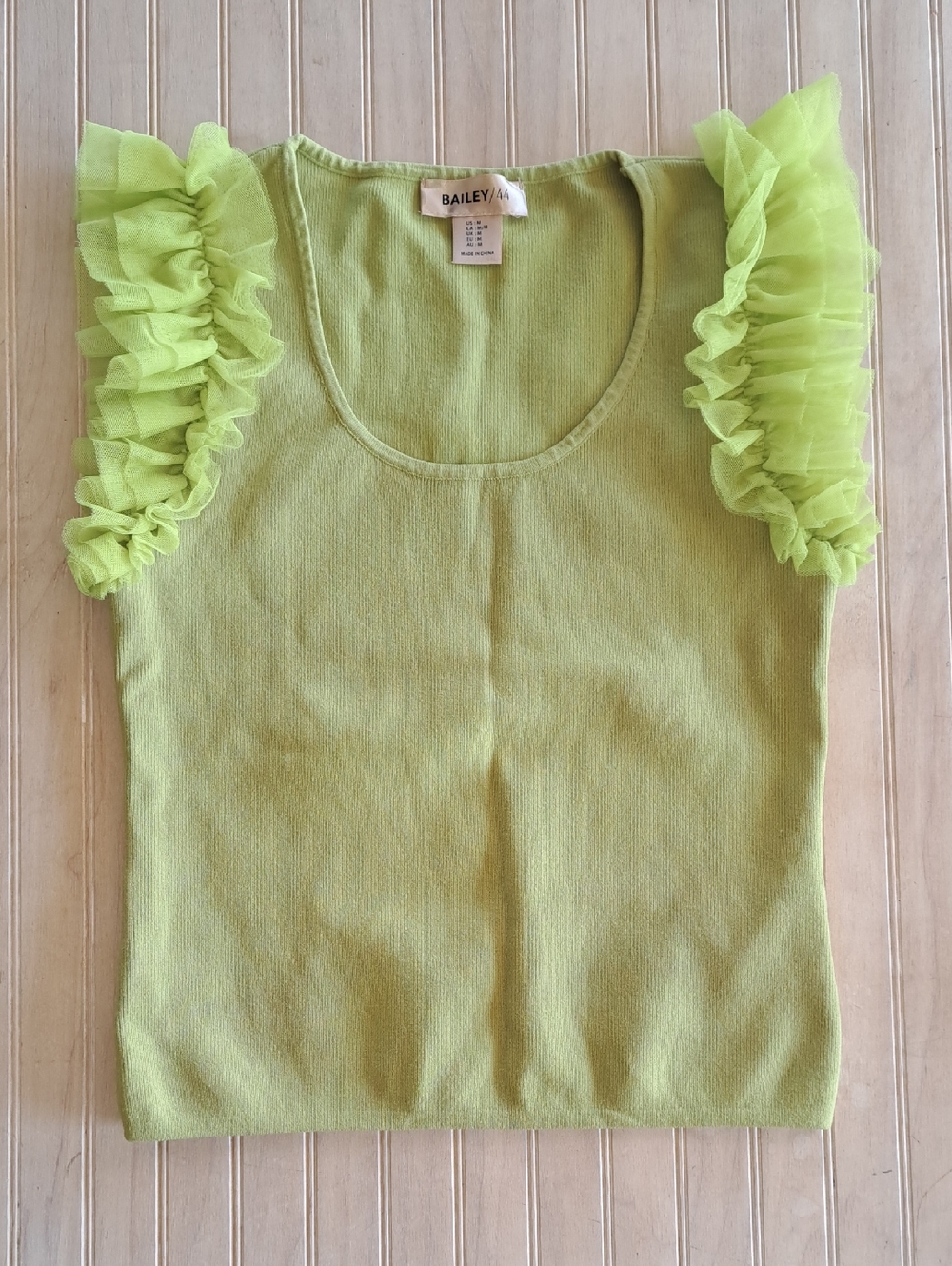 Bailey/44 Lime Green Ruffle Tulle Statement Sleeve Stretch Knit Top Glam Neon